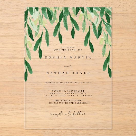 Green Leaf Botanische bruiloft Acryl Uitnodigingen (Voorkant)