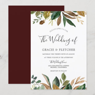 Green Leaf Burgundy Autumn Fall Leaves Wedding Kaart