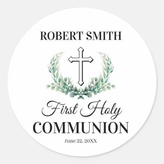 Green leaf first communion  ronde sticker (Voorkant)