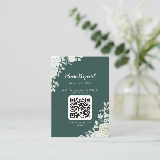 Green Leaf Floral QR Code RSVP Informatiekaartje (Staand voorkant)