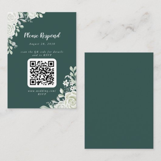 Green Leaf Floral QR Code RSVP Informatiekaartje (Voorkant / Achterkant)