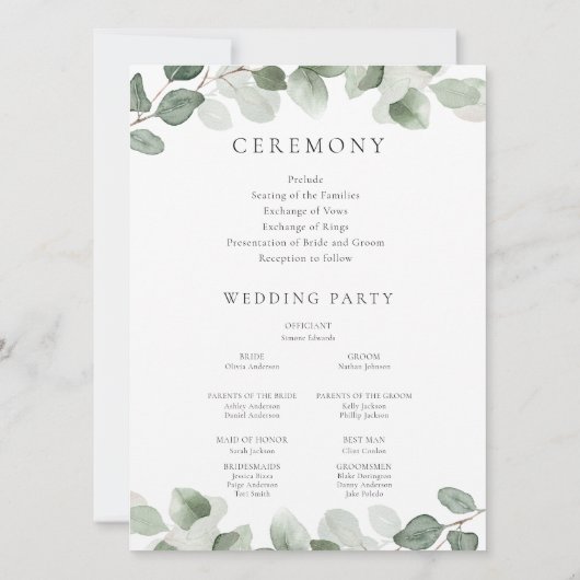 Green Leaf huwelijksceremonie of receptie programm (Achterkant)