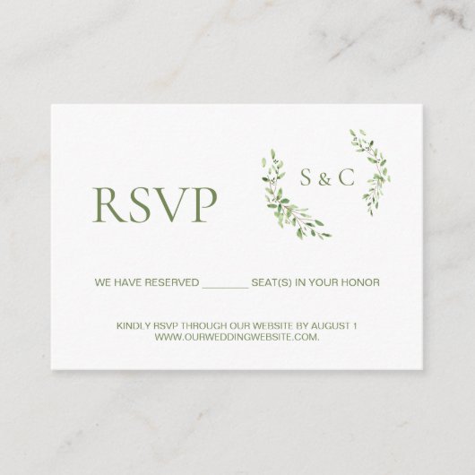 Green leaf Monogram Crest bruiloft website RSVP Informatiekaartje (Voorkant)