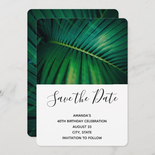 Green Leaf Palm Frond Closeup Foto Birthday Save The Date (Voorkant / Achterkant)