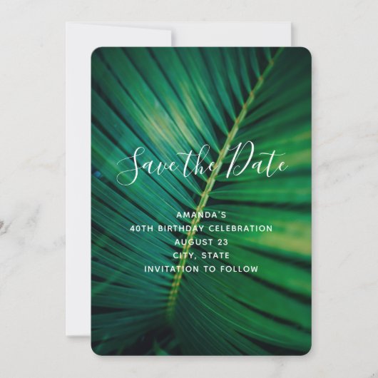 Green Leaf Palm Frond Closeup Foto Birthday Save The Date (Voorkant)