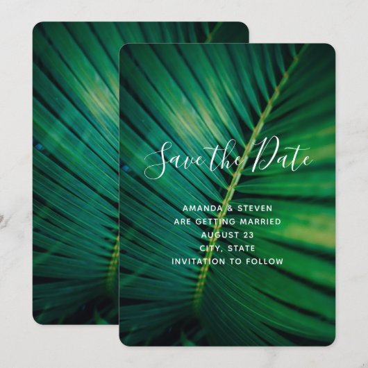 Green Leaf Palm Frond Closeup Photo Wedding Save The Date (Voorkant / Achterkant)