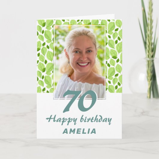 Green Leaf Pattern Botanical 70th Birthday Foto Kaart (Voorkant)