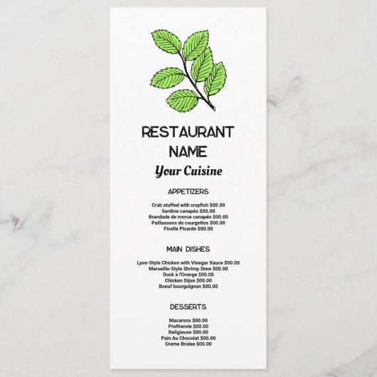 Green Leaf, Restaurant Slimline Menu (Voorkant)