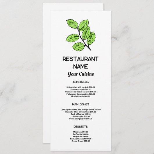 Green Leaf, Restaurant Slimline Menu (Voorkant / Achterkant)