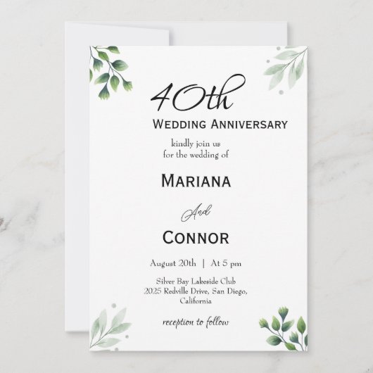 Green Leaf' Standaard 40e bruiloft Jubileum Kaart (Voorkant)