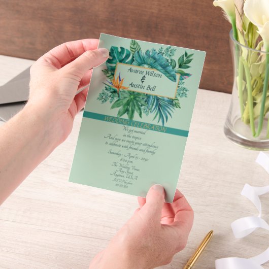 Green Leaf Tropical After Wedding Invitation Vellum Uitnodigingen (Draagbaar)