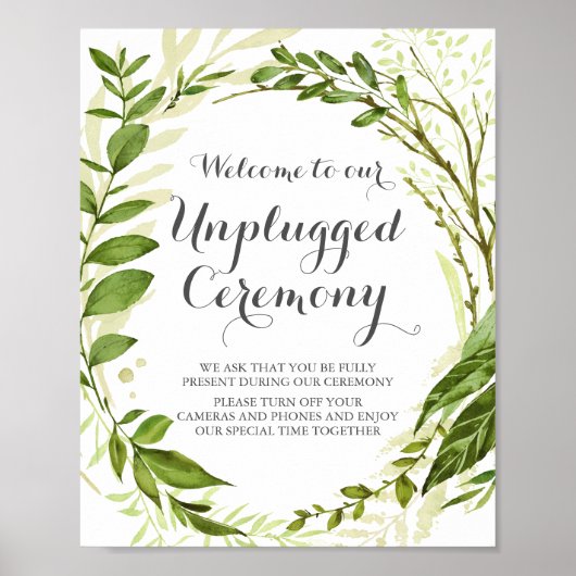 Green Leaf Unplugged Ceremony Sign Rustic Greenery Poster (Voorkant)