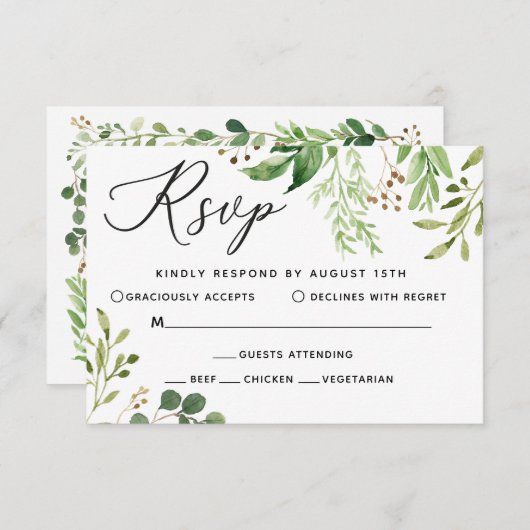 Green Leaf Wedding Response Card RSVP Kaartje (Voorkant / Achterkant)