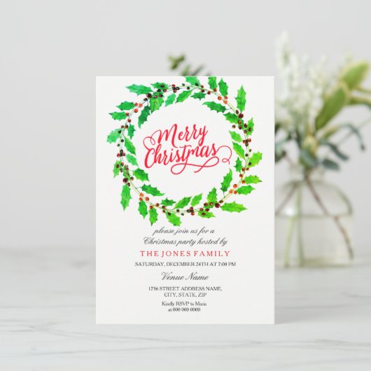 Green Leaf Wreate Family Kerstparty nodigt uit Kaart (Staand voorkant)