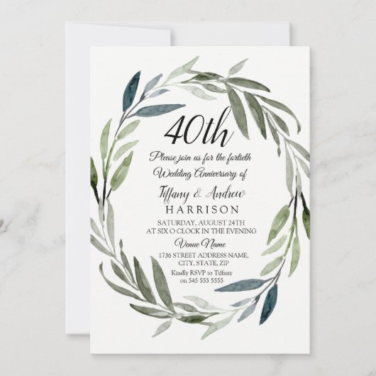 Green Leaf Wreath 40th Wedding Jubileum Invite Kaart (Voorkant)