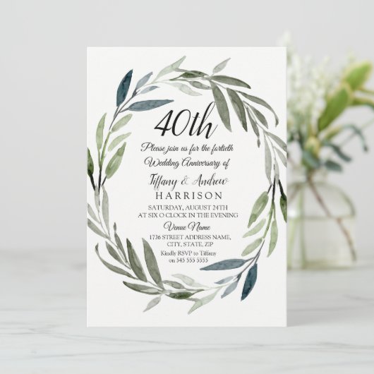 Green Leaf Wreath 40th Wedding Jubileum Invite Kaart (Staand voorkant)