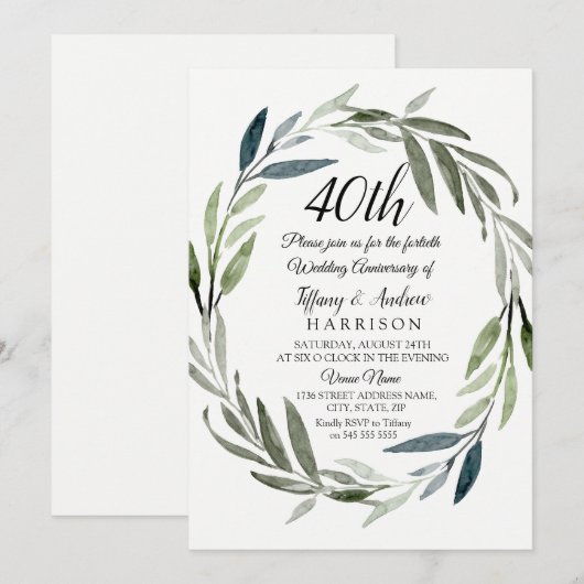 Green Leaf Wreath 40th Wedding Jubileum Invite Kaart (Voorkant / Achterkant)