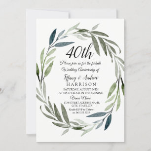 Green Leaf Wreath 40th Wedding Jubileum Invite Kaart