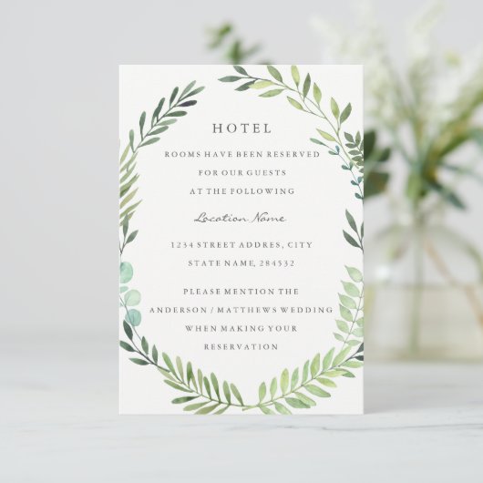 Green Leaf Wreath Bruiloft Hotel Accommodatie Informatiekaartje (Staand voorkant)