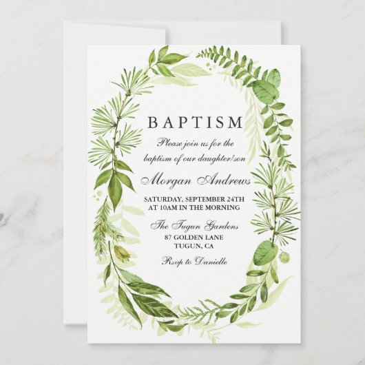 Green Leaf Wreath Girl of Boy Baptism Invitation Kaart (Voorkant)