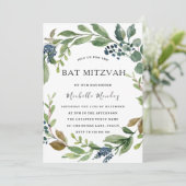Green Leaf Wreath Modern Bat Mitzvah Bar Mitzvah Kaart (Staand voorkant)
