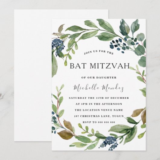 Green Leaf Wreath Modern Bat Mitzvah Bar Mitzvah Kaart (Voorkant / Achterkant)