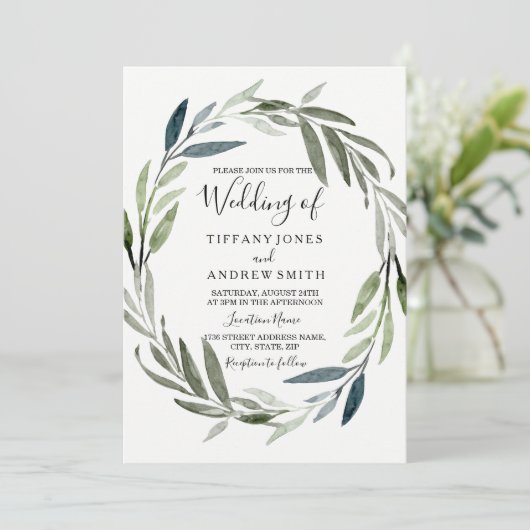 Green Leaf Wreath Modern Spring Wedding Invite Kaart (Staand voorkant)