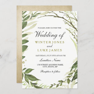 Green Leaf Wreath of Gold Foil Wedding Invite Kaart