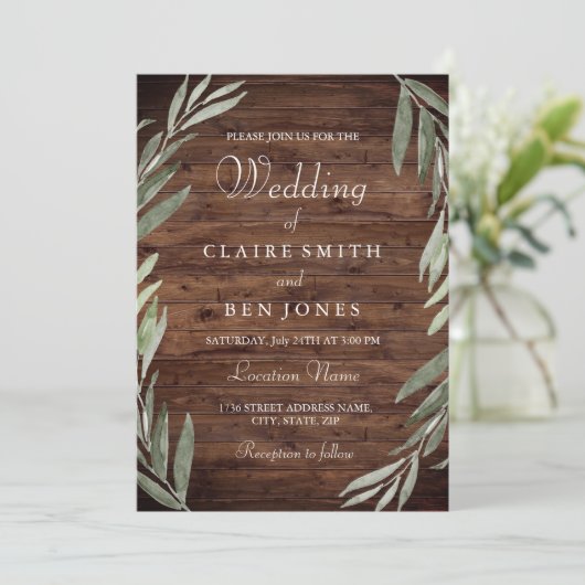 Green Leaf Wreath Rustic Wood Weddenschap Kaart (Staand voorkant)