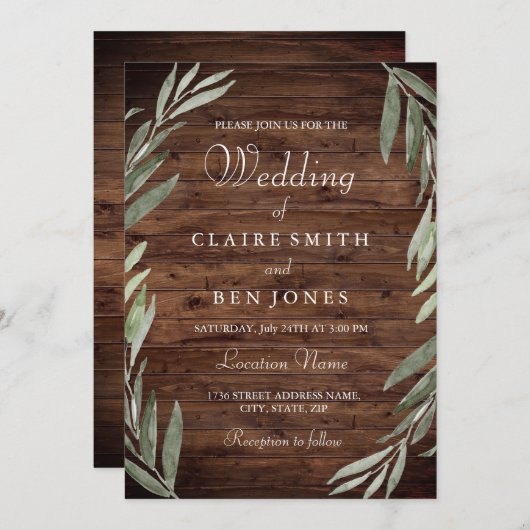 Green Leaf Wreath Rustic Wood Weddenschap Kaart (Voorkant / Achterkant)