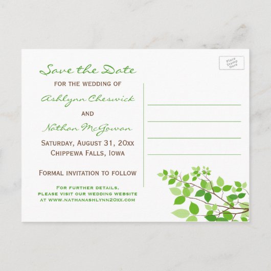 Green Leafy Branches Opslaan van de datum Post Kaa Aankondigingskaart (Achterkant)