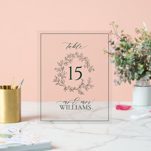 Green Leafy Crest Monogram Trouwtafel Nummer Acryl Bord (Huwelijk)
