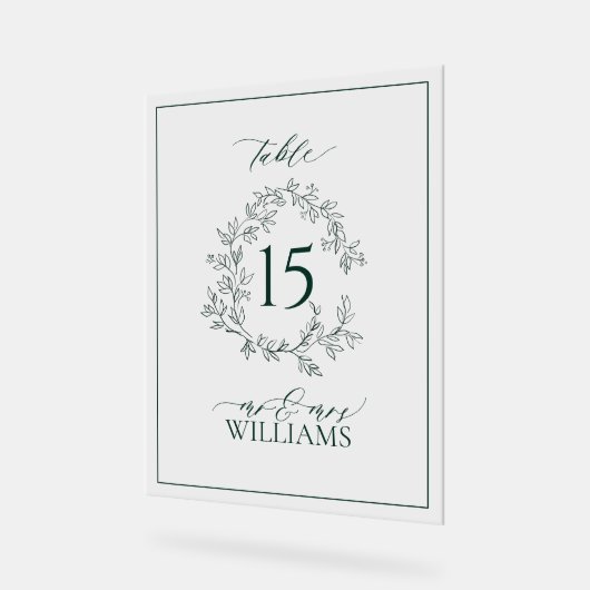 Green Leafy Crest Monogram Trouwtafel Nummer Acryl Bord (Hoek)