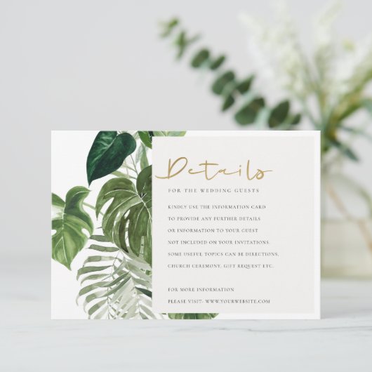 Green Leafy Palm Tropical Foliage Wedding Detail Informatiekaartje (Staand voorkant)