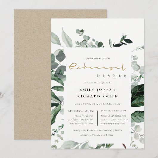 Green Leafy Tropical Fauna Rehearsal Dinner Invite Bedankkaart (Voorkant / Achterkant)