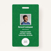 Green Leather & Employee Photo & Logo, Bar code Badge (Voorkant)