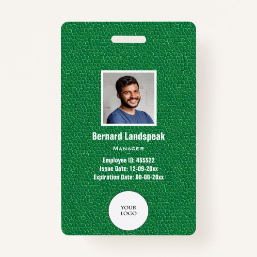 Green Leather & Employee Photo & Logo, Bar code Badge (Voorkant)
