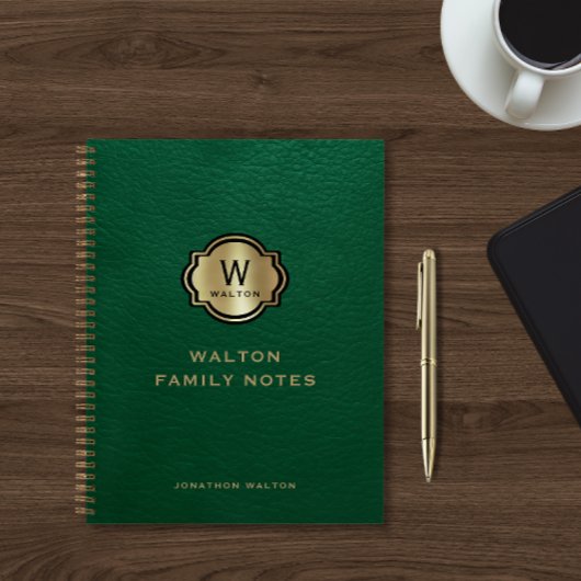 Green Leather Look Gold Monogram Notitieboek