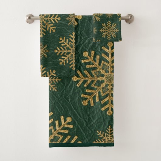 Green Leather Tooled with Gold Snowflakes Initials Bad Handdoek (Insitu)