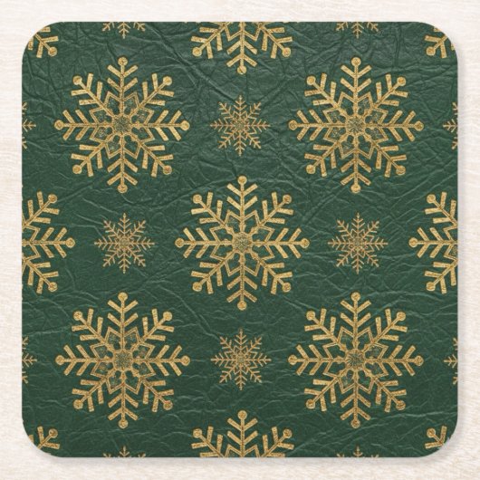 Green Leather Tooled with Gold Snowflakes Kartonnen Onderzetters (Voorkant)