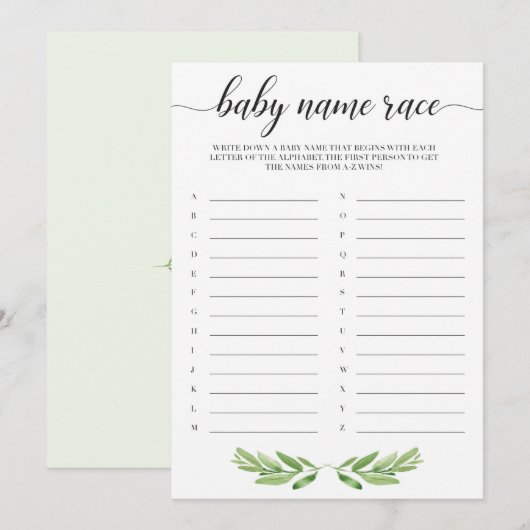 Green Leaves Baby shower Baby Name Race Game (Voorkant / Achterkant)