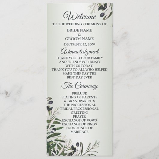 Green Leaves Black Olive Elegant Wedding Programmakaart (Voorkant)