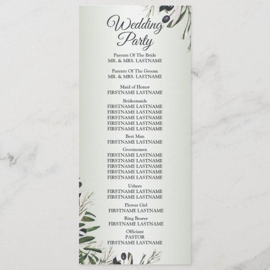 Green Leaves Black Olive Elegant Wedding Programmakaart (Achterkant)