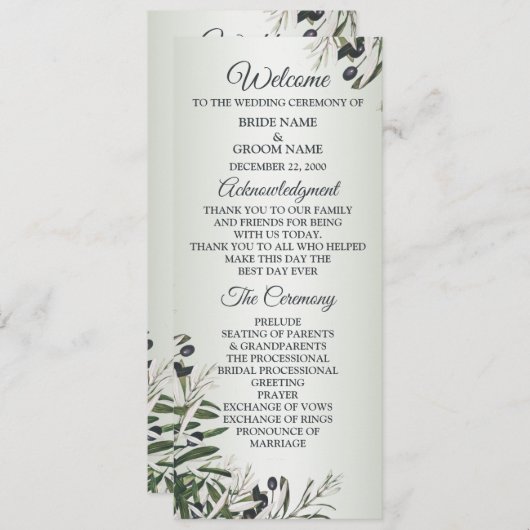 Green Leaves Black Olive Elegant Wedding Programmakaart (Voorkant / Achterkant)