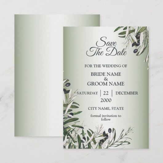 Green Leaves Black Olive Elegant Wedding Save The Date (Voorkant / Achterkant)