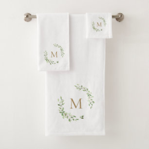 Green Leaves Crest Gold Monogram Bad Handdoek