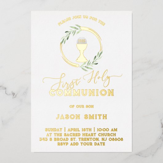 green leaves First Holy Communion Foil Invitation Folie Uitnodiging (Voorkant)