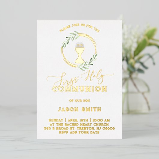 green leaves First Holy Communion Foil Invitation Folie Uitnodiging (Staand Voorkant)