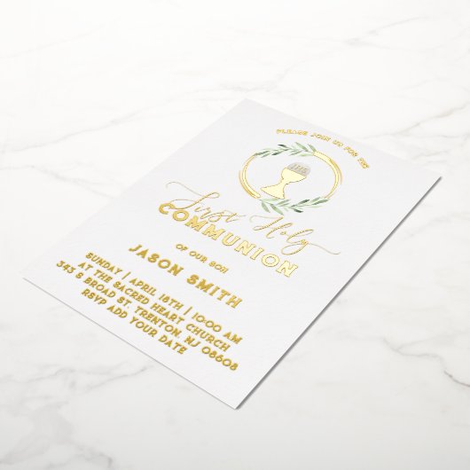 green leaves First Holy Communion Foil Invitation Folie Uitnodiging (Gedraaid)
