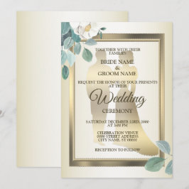 Green Leaves Flower Golden Frame Elegant Wedding Kaart